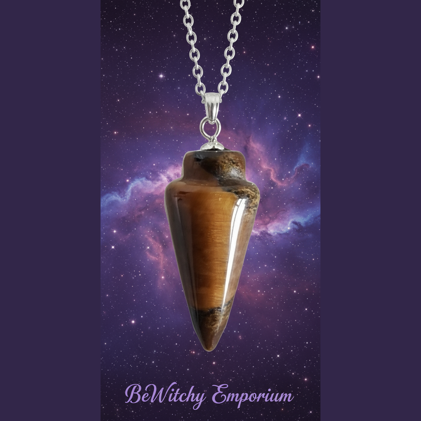 Exact tiger's eye pendulum with cosmic mystical styling and BeWitchy Emporium watermark