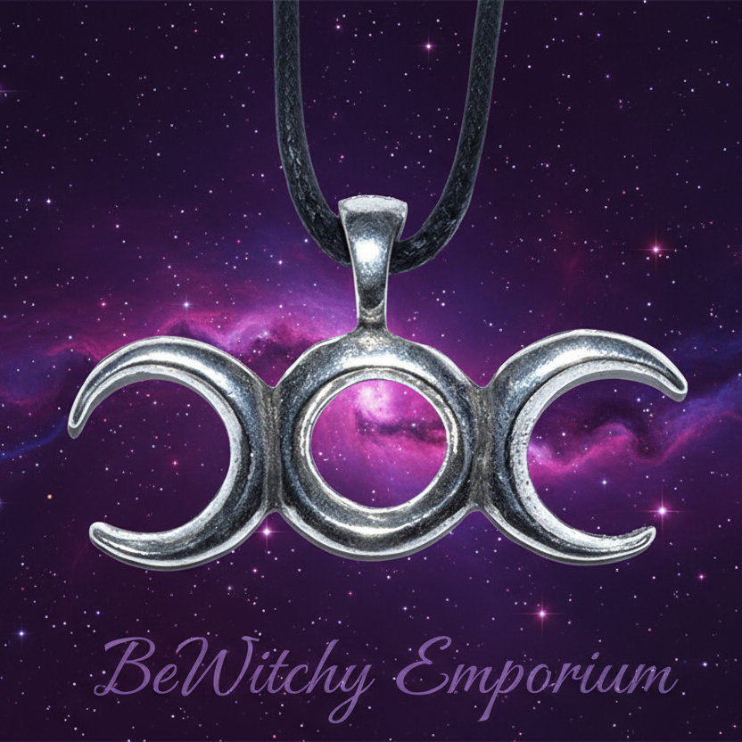 Exact triple moon goddess pendant with cosmic mystical styling and BeWitchy Emporium watermark