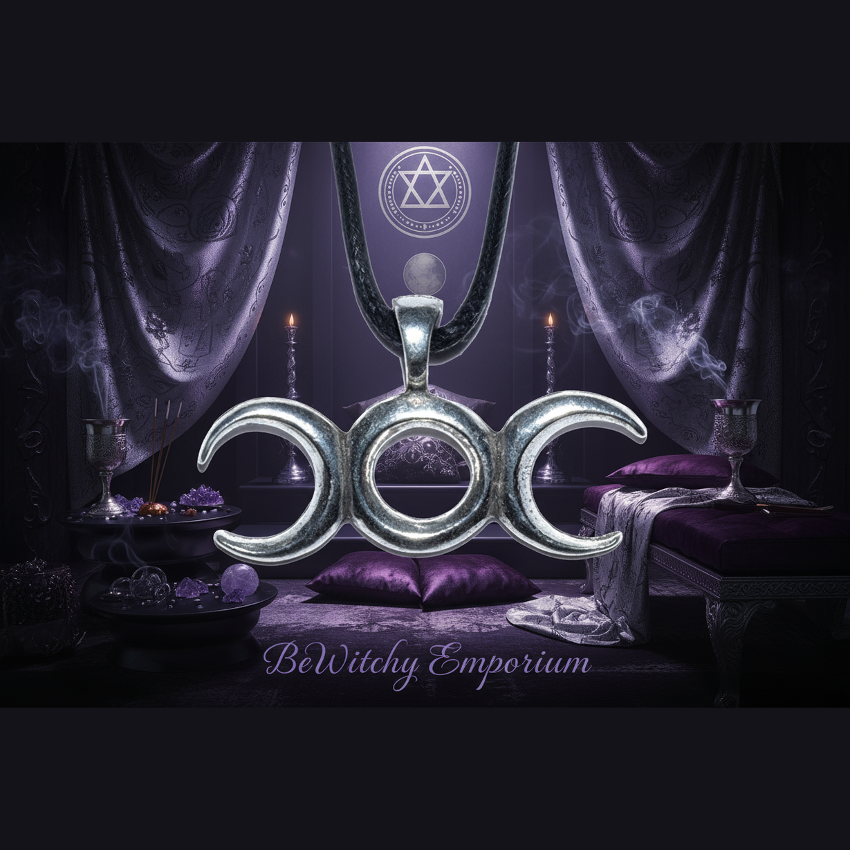 Exact triple moon goddess pendant with premium goddess worship sanctuary ambiance and BeWitchy Emporium watermark