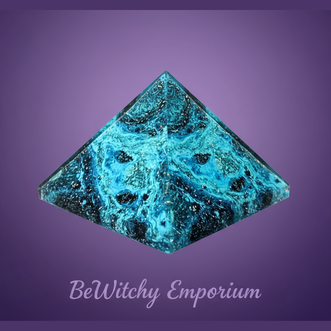Exact turquoise orgone pyramid with clean professional styling and BeWitchy Emporium watermark