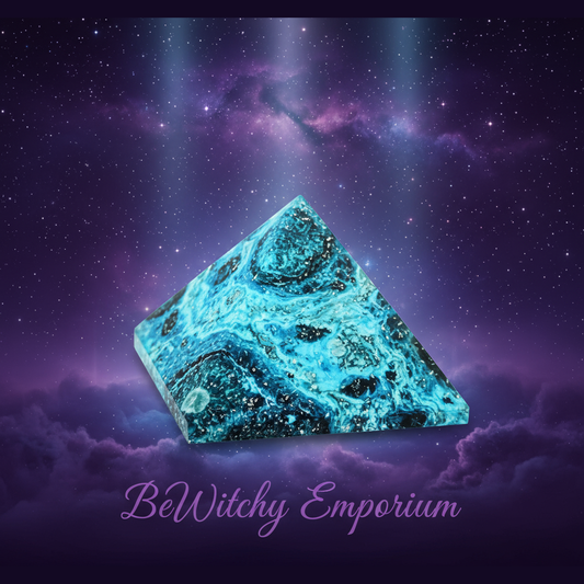 Exact turquoise orgone pyramid with cosmic mystical styling and BeWitchy Emporium watermark