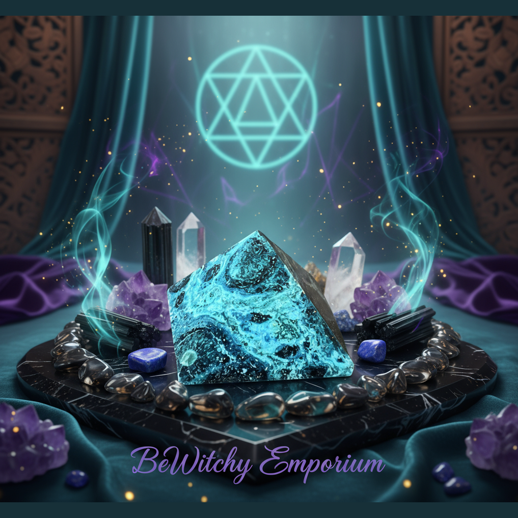Exact turquoise orgone pyramid with premium energy healing sanctuary ambiance and BeWitchy Emporium watermark