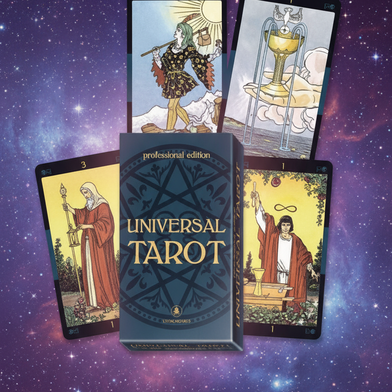 Exact Universal Tarot deck with cosmic mystical styling and BeWitchy Emporium watermark