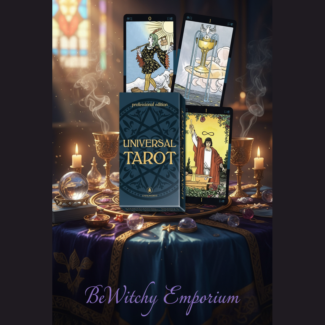 Exact Universal Tarot deck with premium divination sanctuary ambiance and BeWitchy Emporium watermark