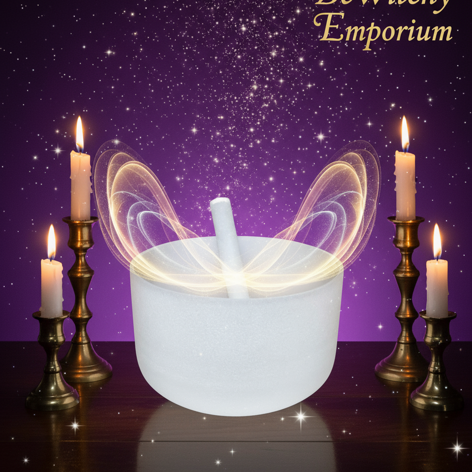 Exact white ceramic singing bowl with cosmic mystical styling and BeWitchy Emporium watermark