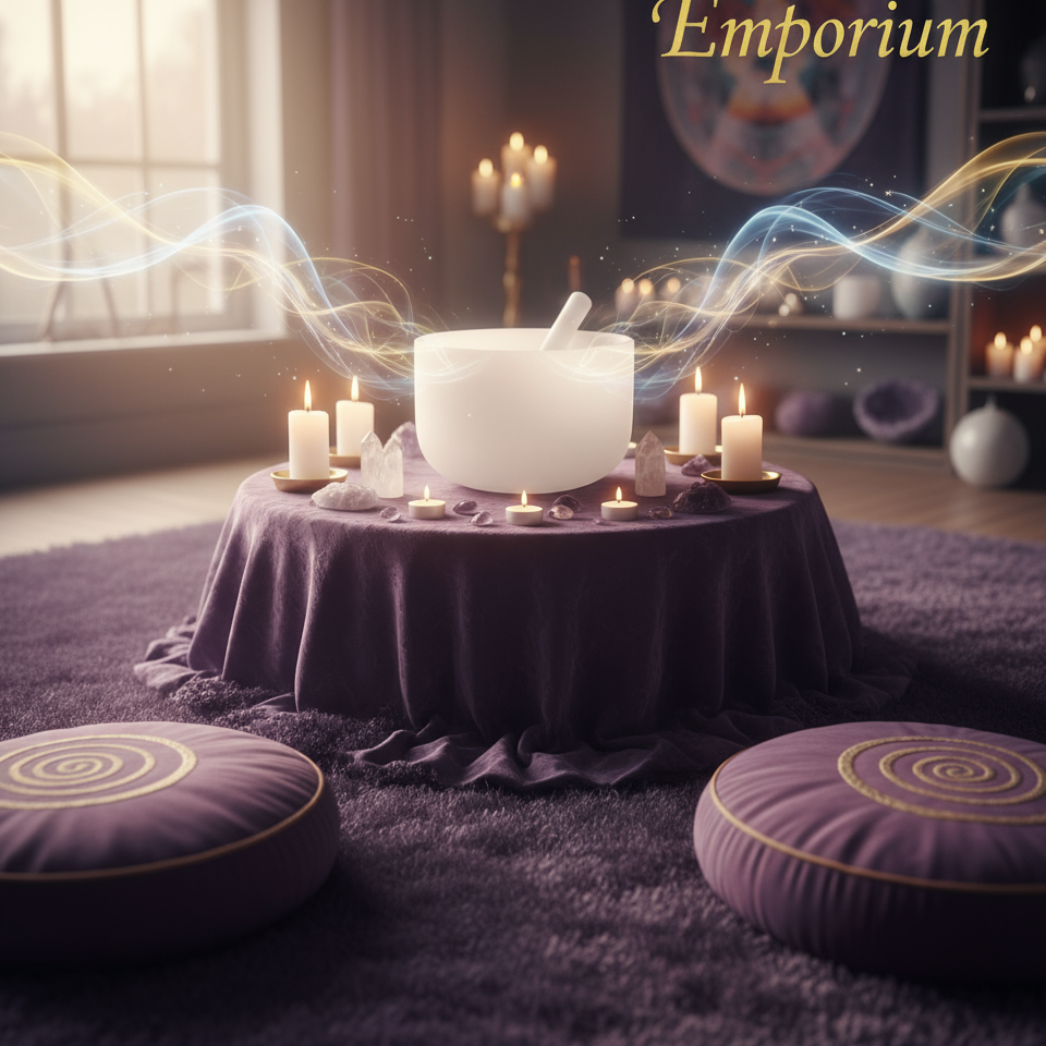 Exact white ceramic singing bowl with premium meditation ambiance and BeWitchy Emporium watermark