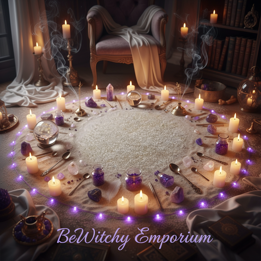 Exact white sand with premium witchcraft crafting sanctuary ambiance and BeWitchy Emporium watermark