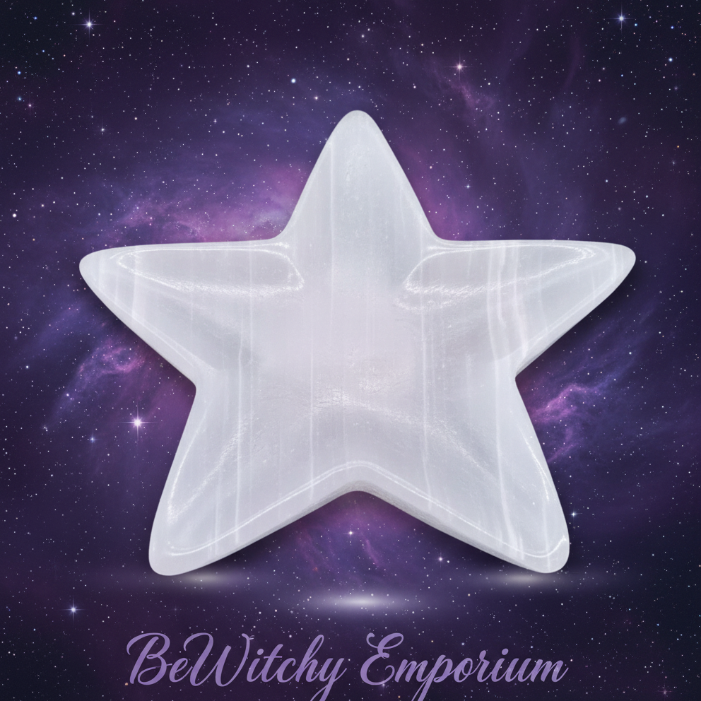 Exact white selenite star charging plate with cosmic mystical styling and BeWitchy Emporium watermark