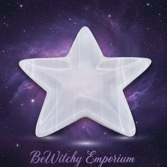 Exact white selenite star charging plate with cosmic mystical styling and BeWitchy Emporium watermark