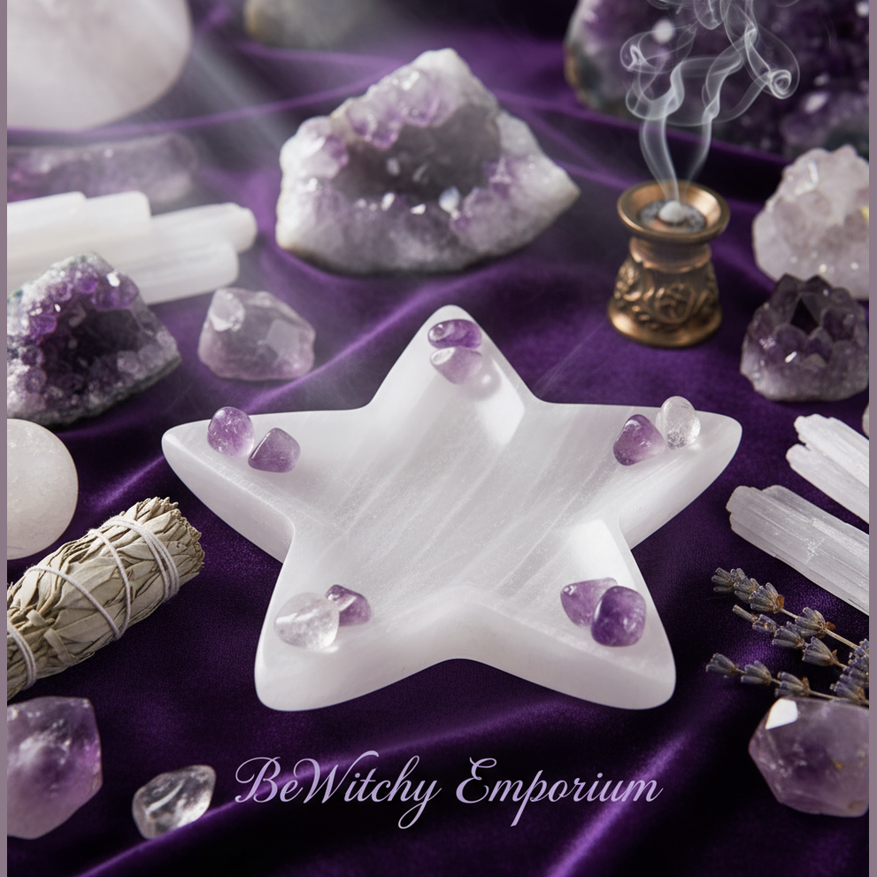 Exact white selenite star charging plate with premium crystal charging sanctuary ambiance and BeWitchy Emporium watermark