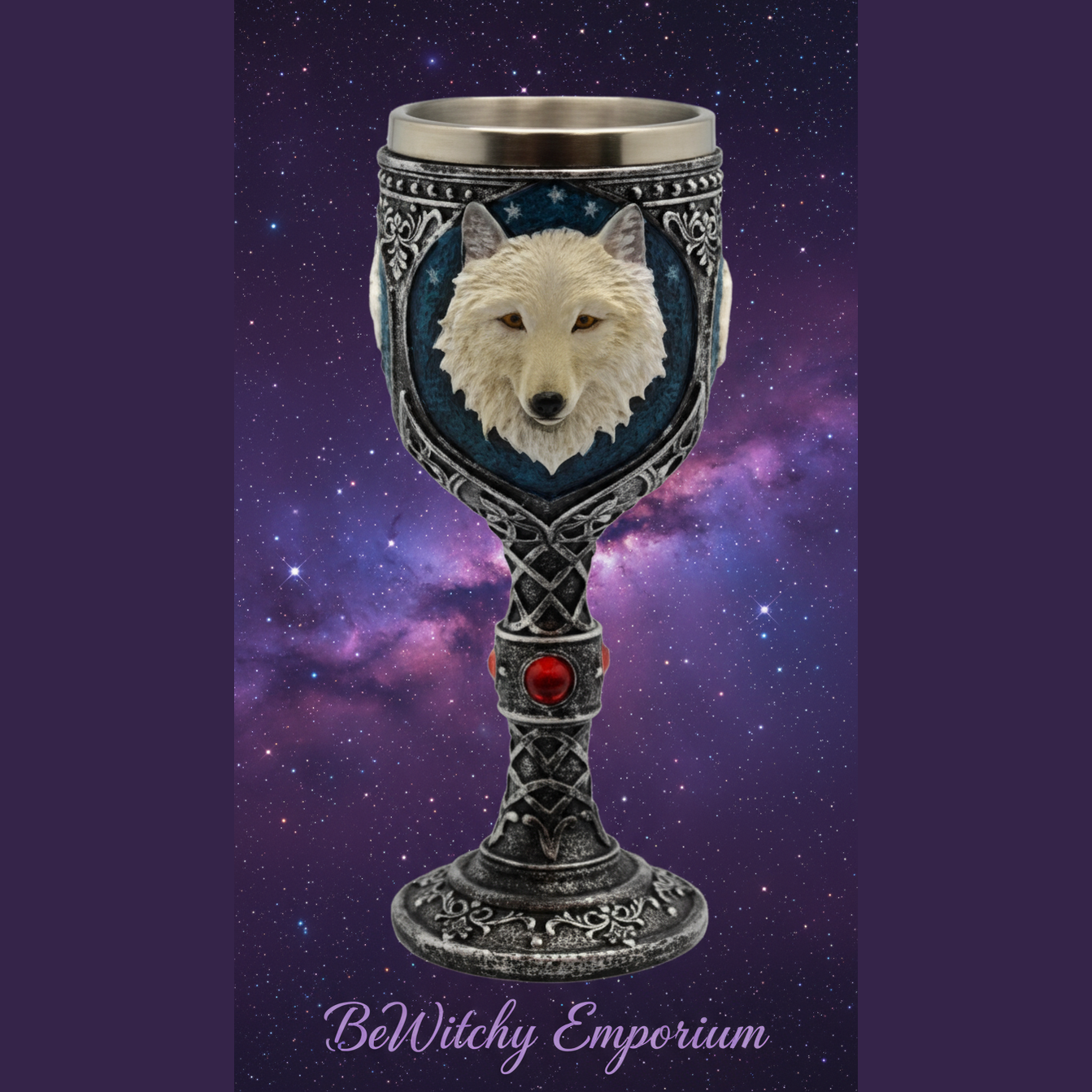 Exact white wolf goblet with cosmic mystical styling and BeWitchy Emporium watermark