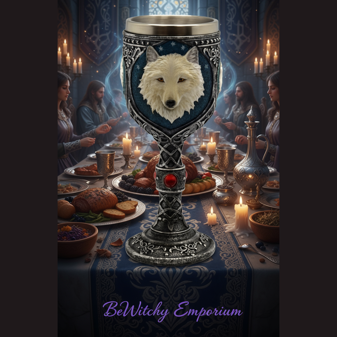Exact white wolf goblet with premium medieval feast sanctuary ambiance and BeWitchy Emporium watermark