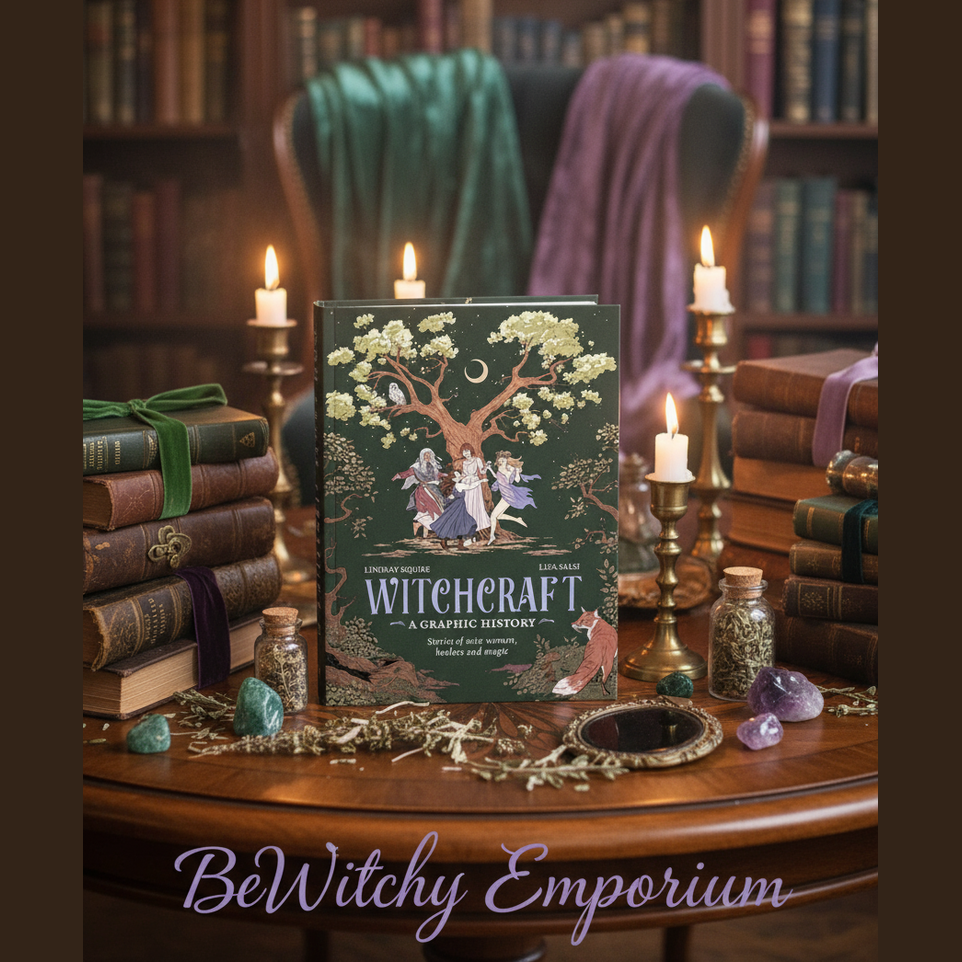 Exact Witchcraft Graphic History book with premium library sanctuary ambiance and BeWitchy Emporium watermark