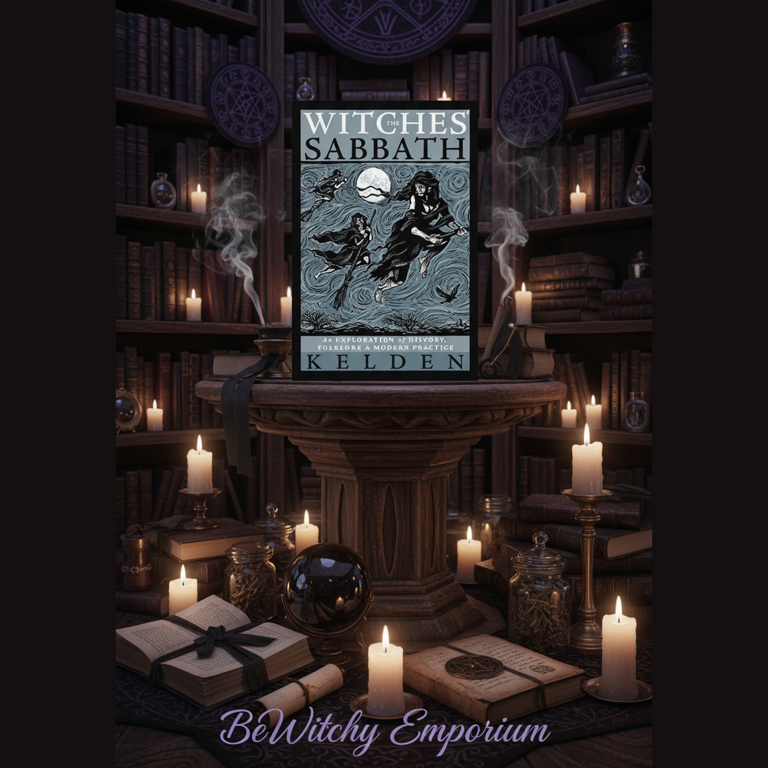 Exact Witches' Sabbath book with premium witchcraft library sanctuary ambiance and BeWitchy Emporium watermark
