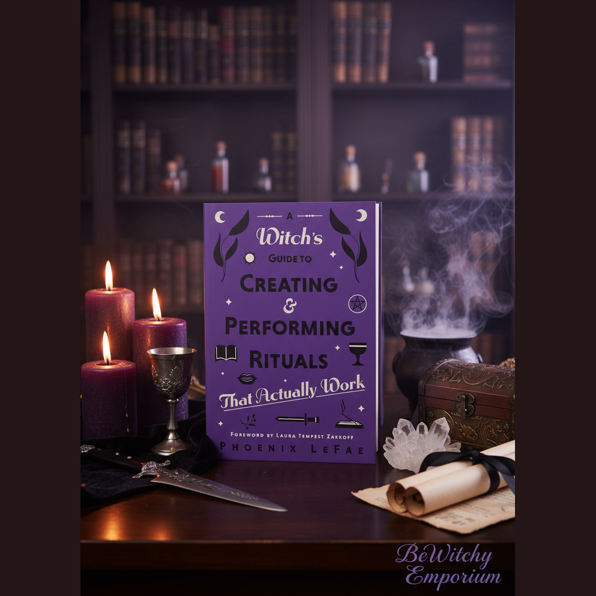 Exact Witch's Guide to Rituals book with premium witchcraft library sanctuary ambiance and BeWitchy Emporium watermark