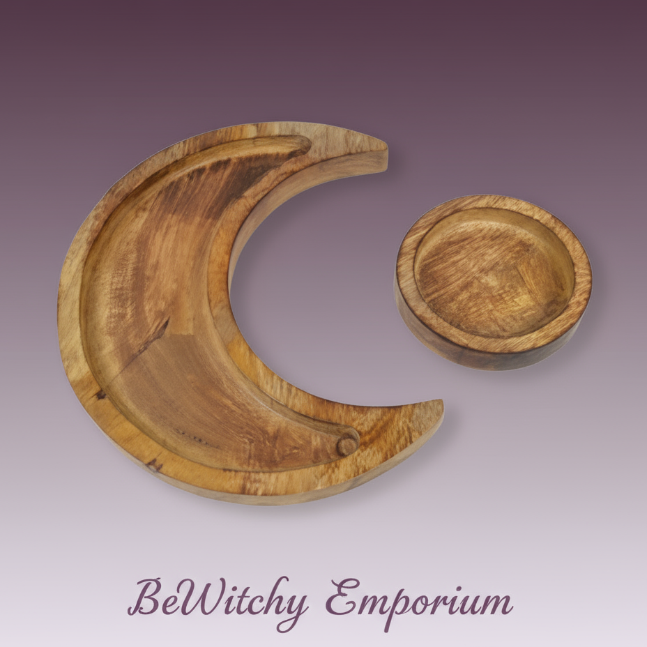Exact wooden moon and sun altar tray set with clean professional styling and BeWitchy Emporium watermark