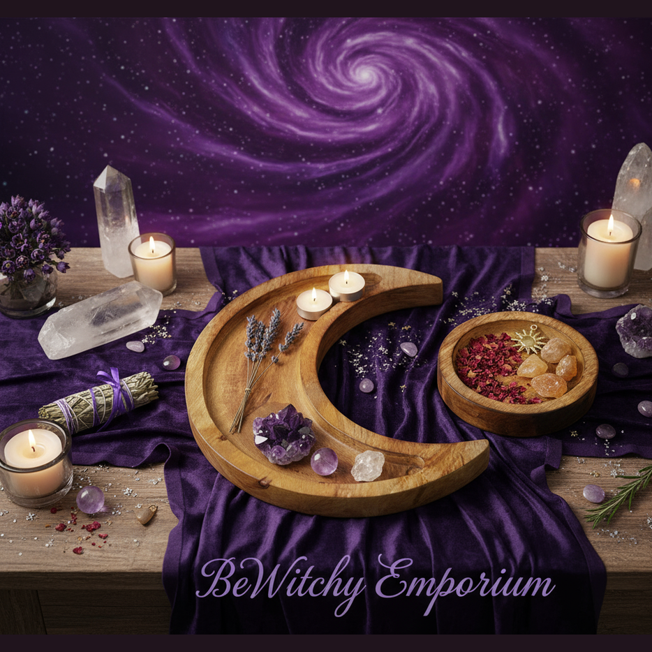 Exact wooden moon and sun altar tray set with premium altar sanctuary ambiance and BeWitchy Emporium watermark