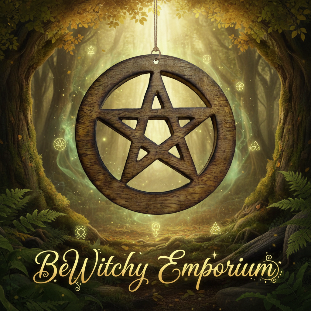 Exact wooden pentagram wall hanging with ancient wisdom grove energy effects