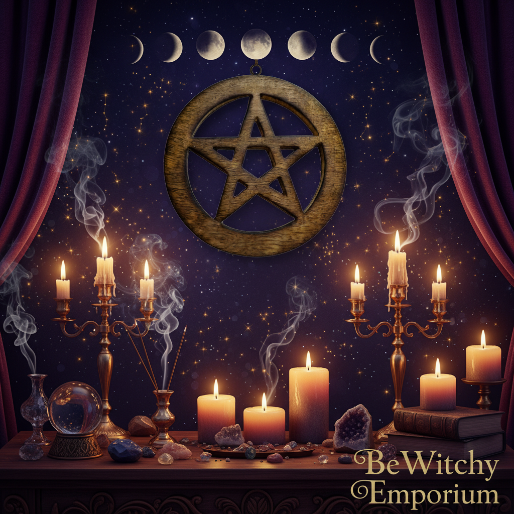 Exact wooden pentagram wall hanging with professional mystical sacred space atmosphere