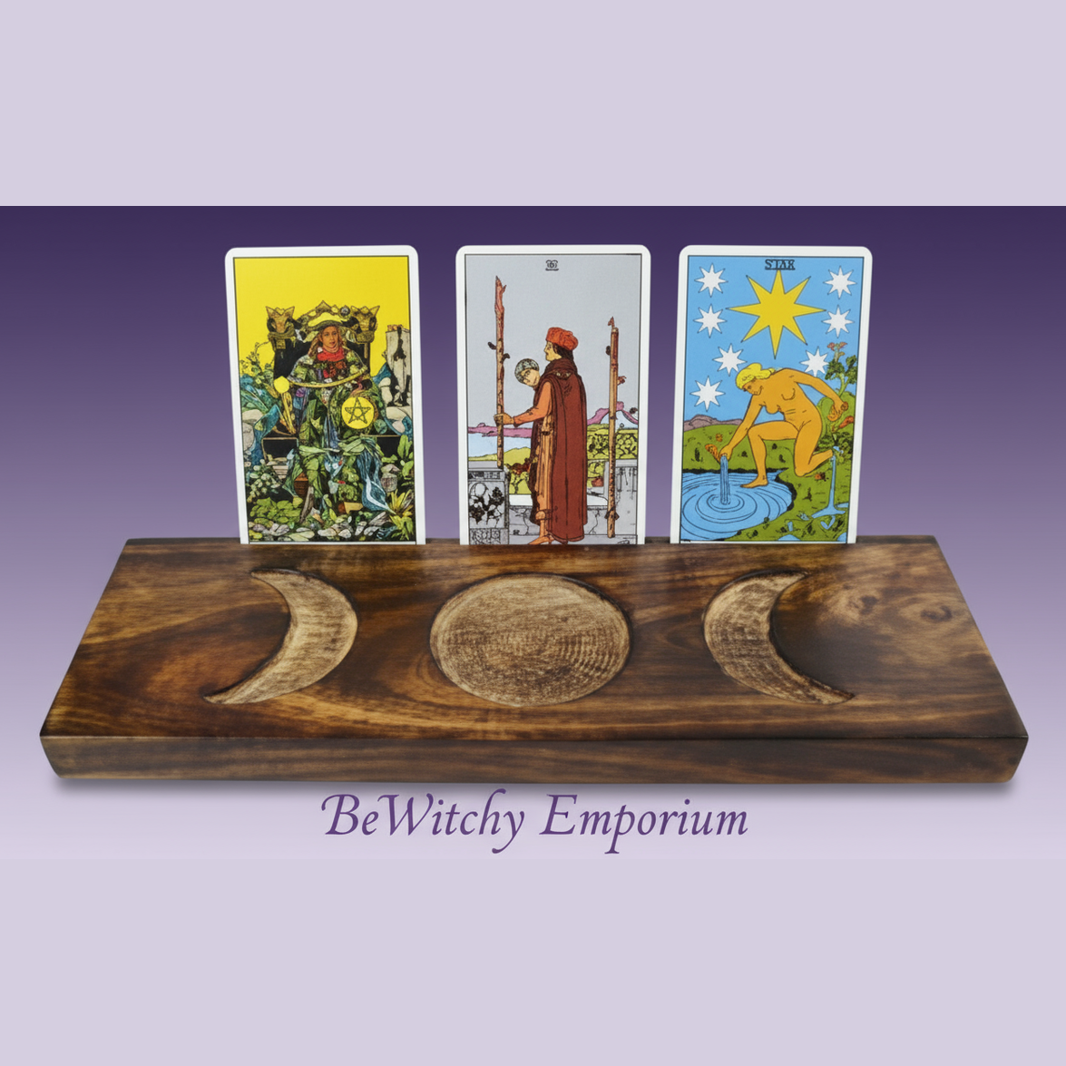 Exact wooden triple moon tarot card holder with clean professional styling and BeWitchy Emporium watermark