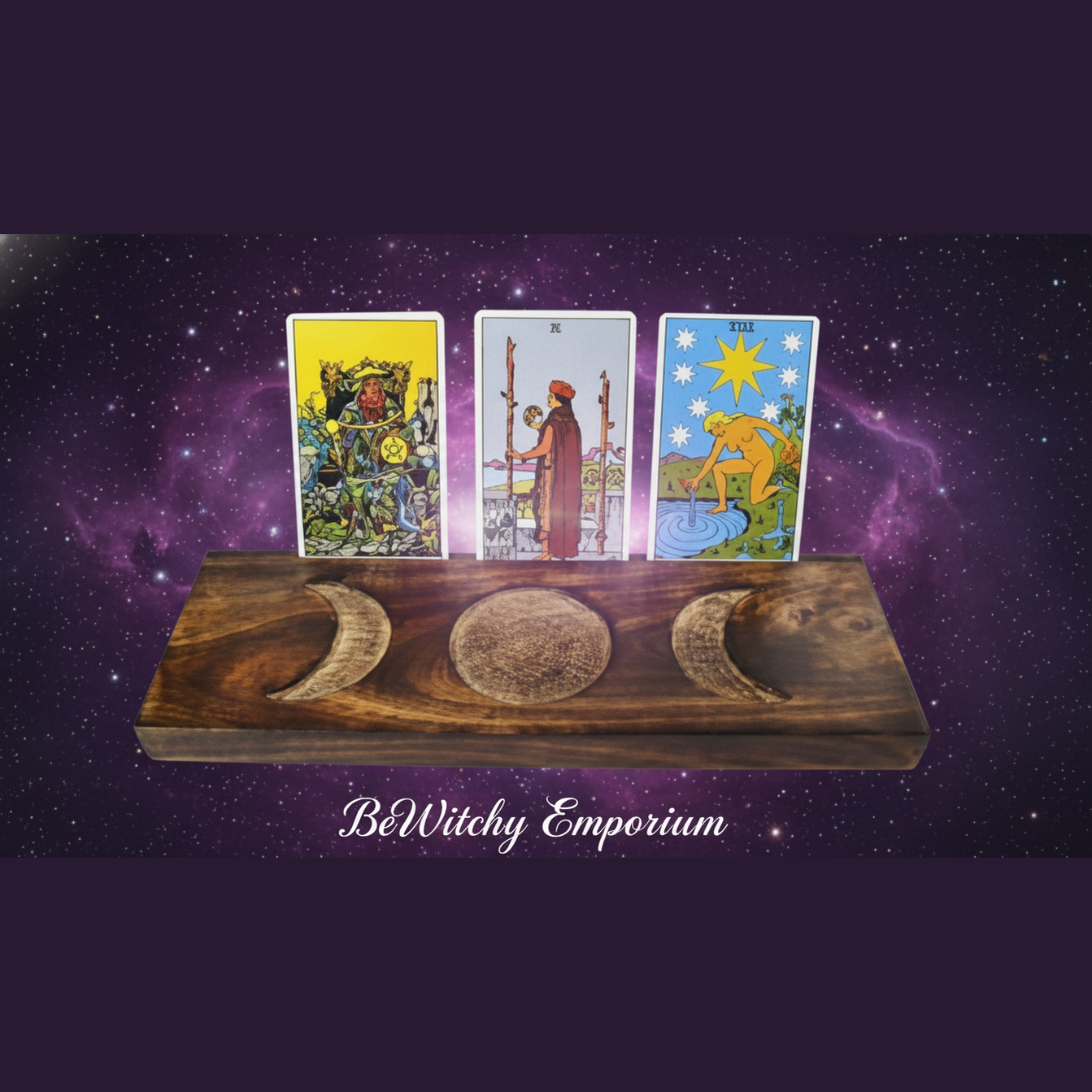 Exact wooden triple moon tarot card holder with cosmic mystical styling and BeWitchy Emporium watermark