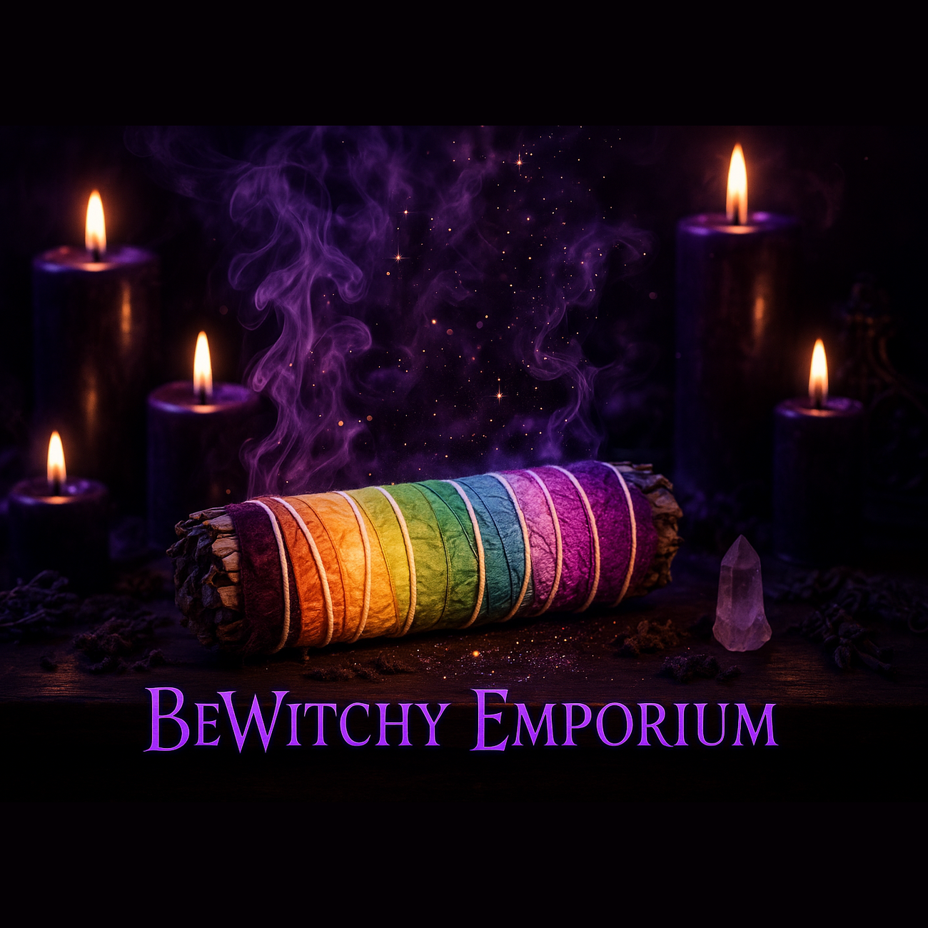 Mystical altar sage bundle with candles, smoke and glitter