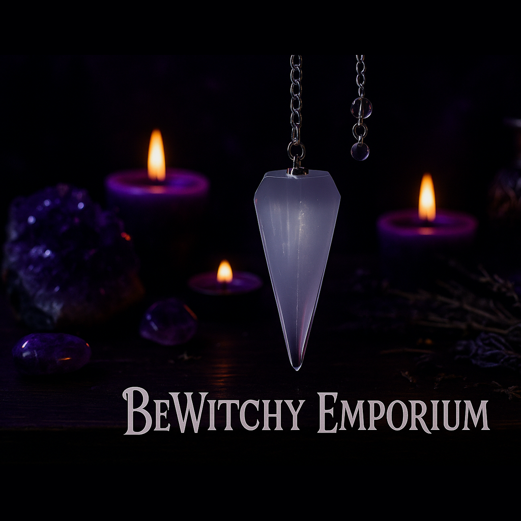 Mystical pendulum altar setup with BeWitchy Emporium branding