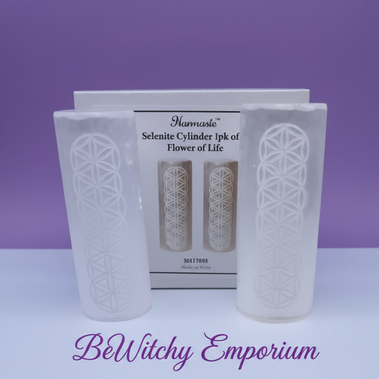 Selenite Cylinder Flower of Life Set - Clean Professional