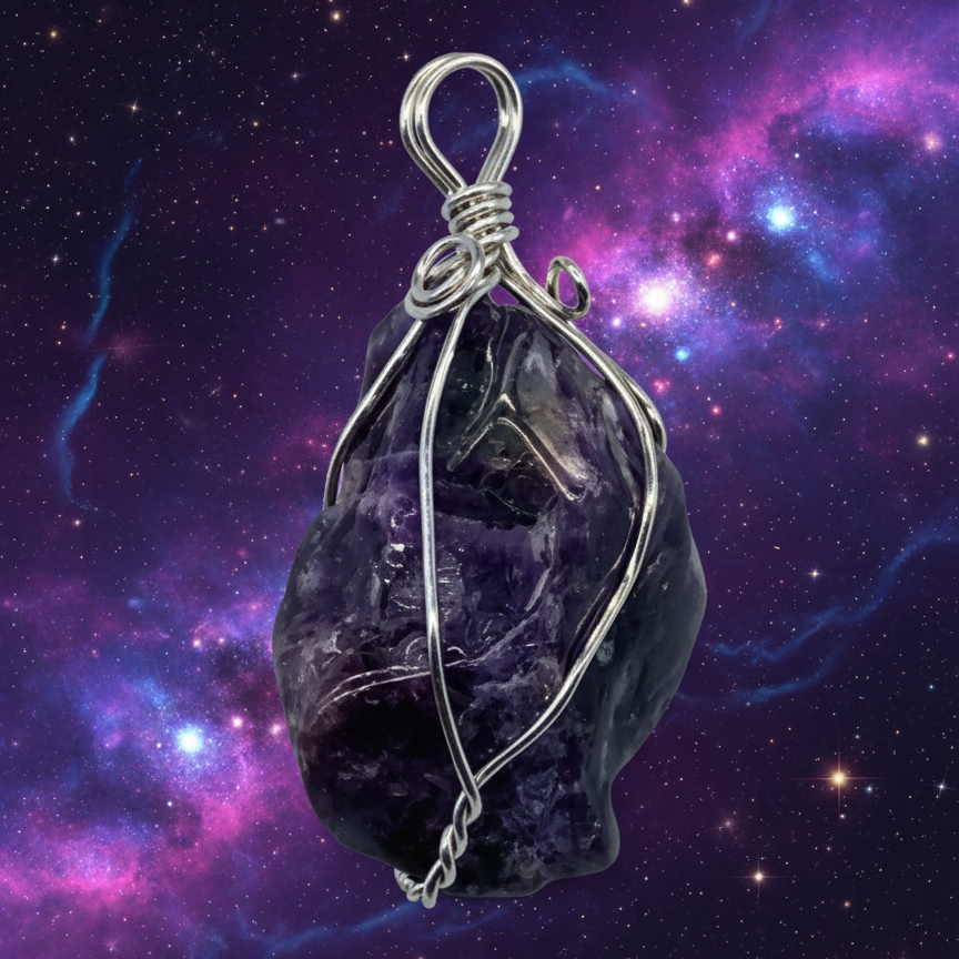 Wire-Wrapped Amethyst Pendant - Mystical Starry Night